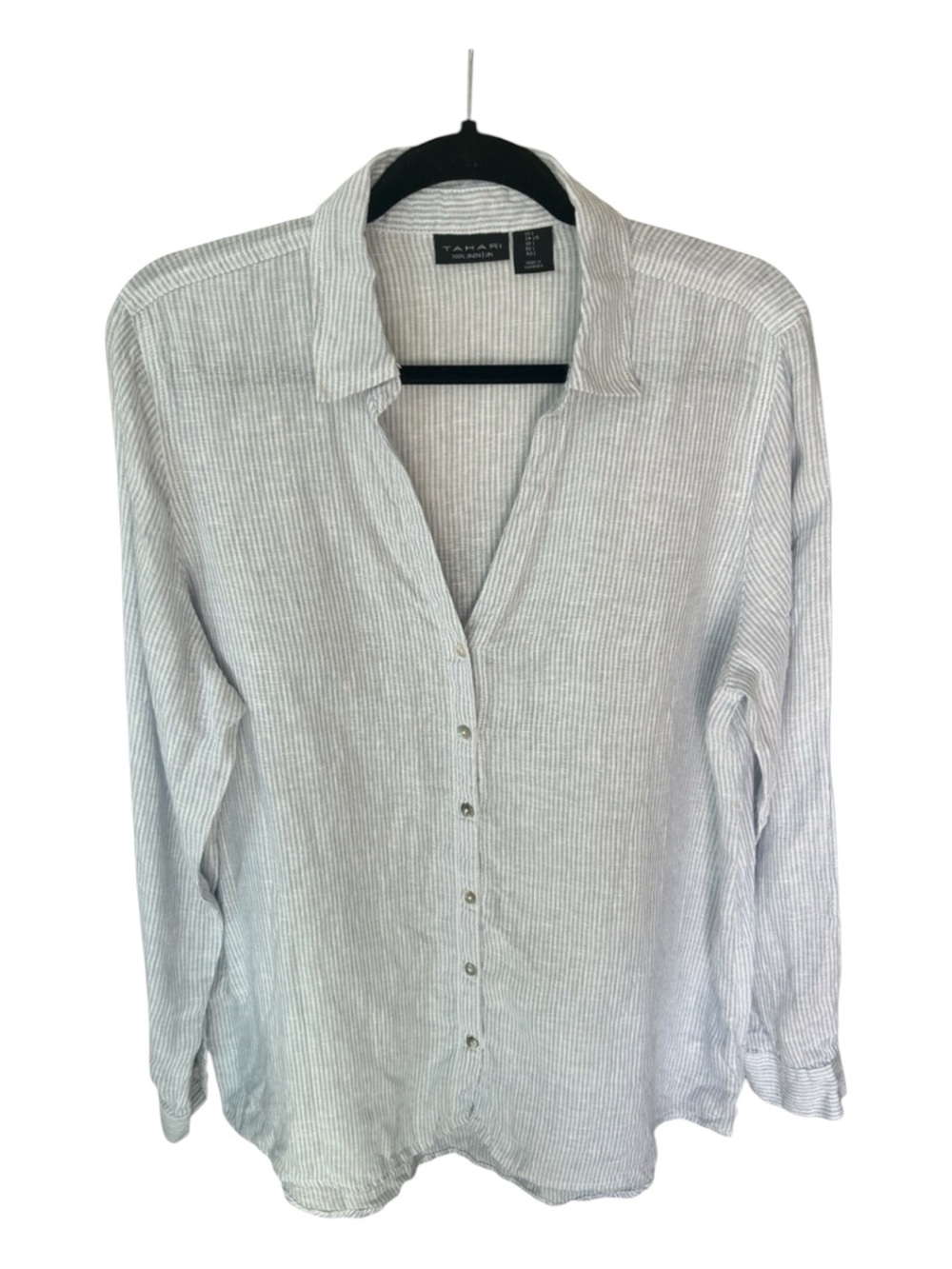 TAHARI 100% Linen White Blue Pinstripe Button Down Tunic Top Size L